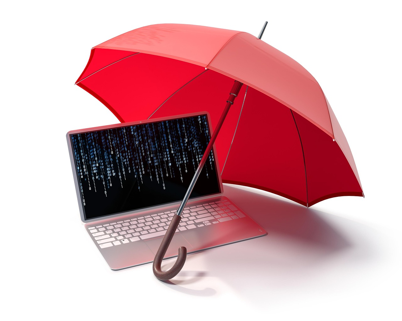 A red umbrella sheltering a laptop whose screen shows falling code, illustrating an extra protective layer placed over a computer.