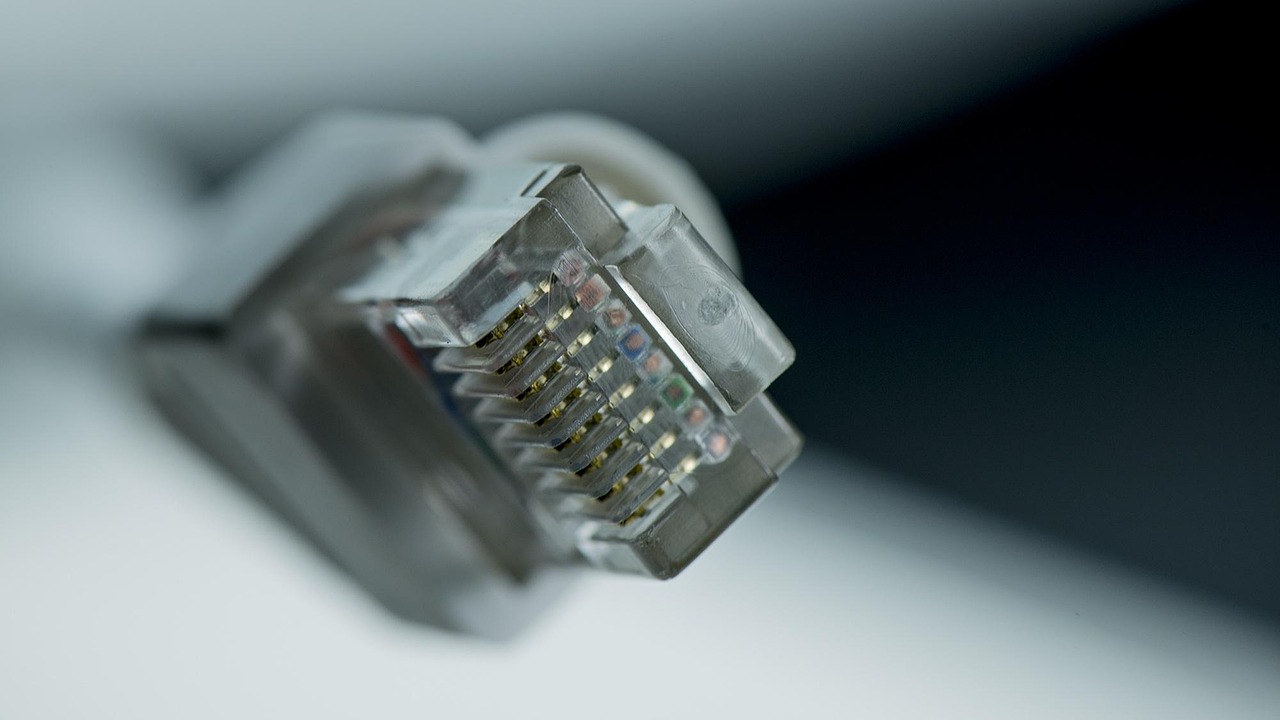 A macro photograph of a transparent RJ45 Ethernet connector on a white cable, its gold contacts and coloured wires visible